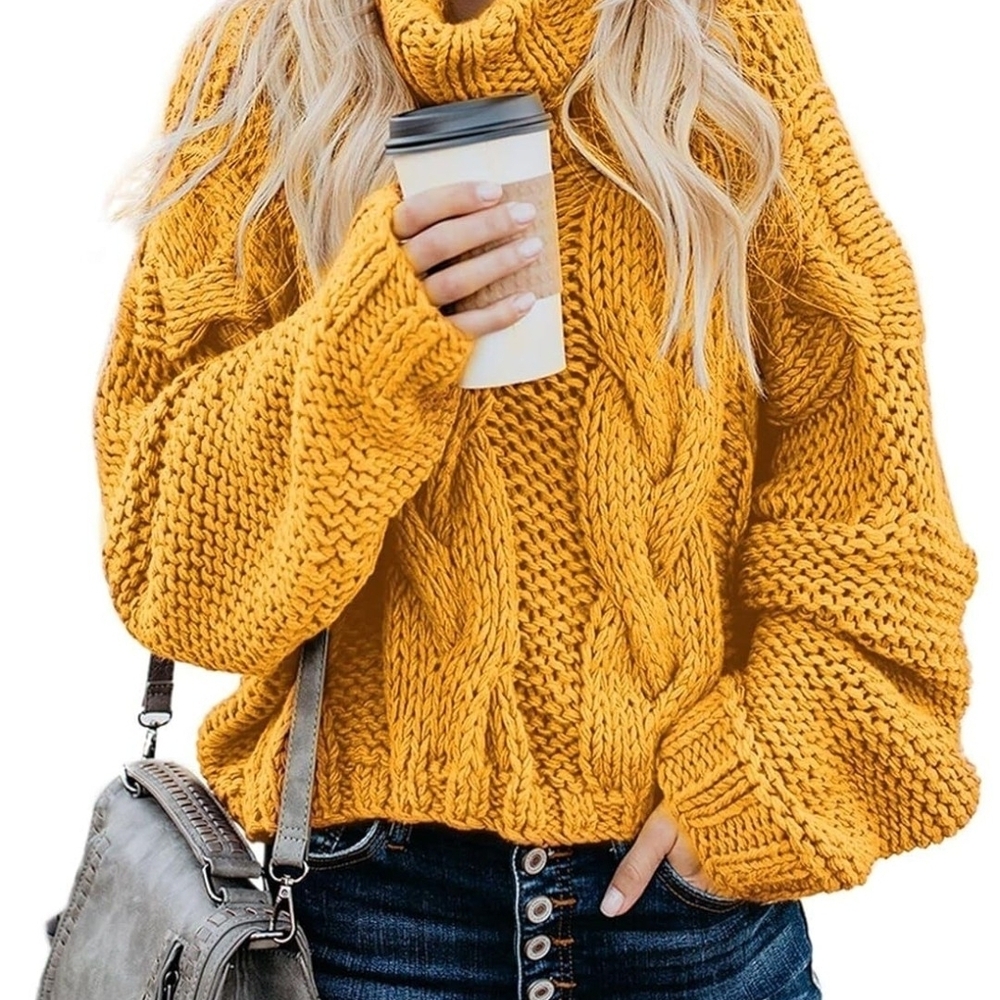 Women's Chunky Cable Knit Turtleneck Sweater - Yellow